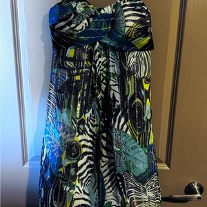 Caché Strapless Mixed-Print Dress in Blue, Green, Black